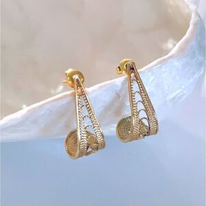 Gold Tone Filigree Open Hoop Earrings